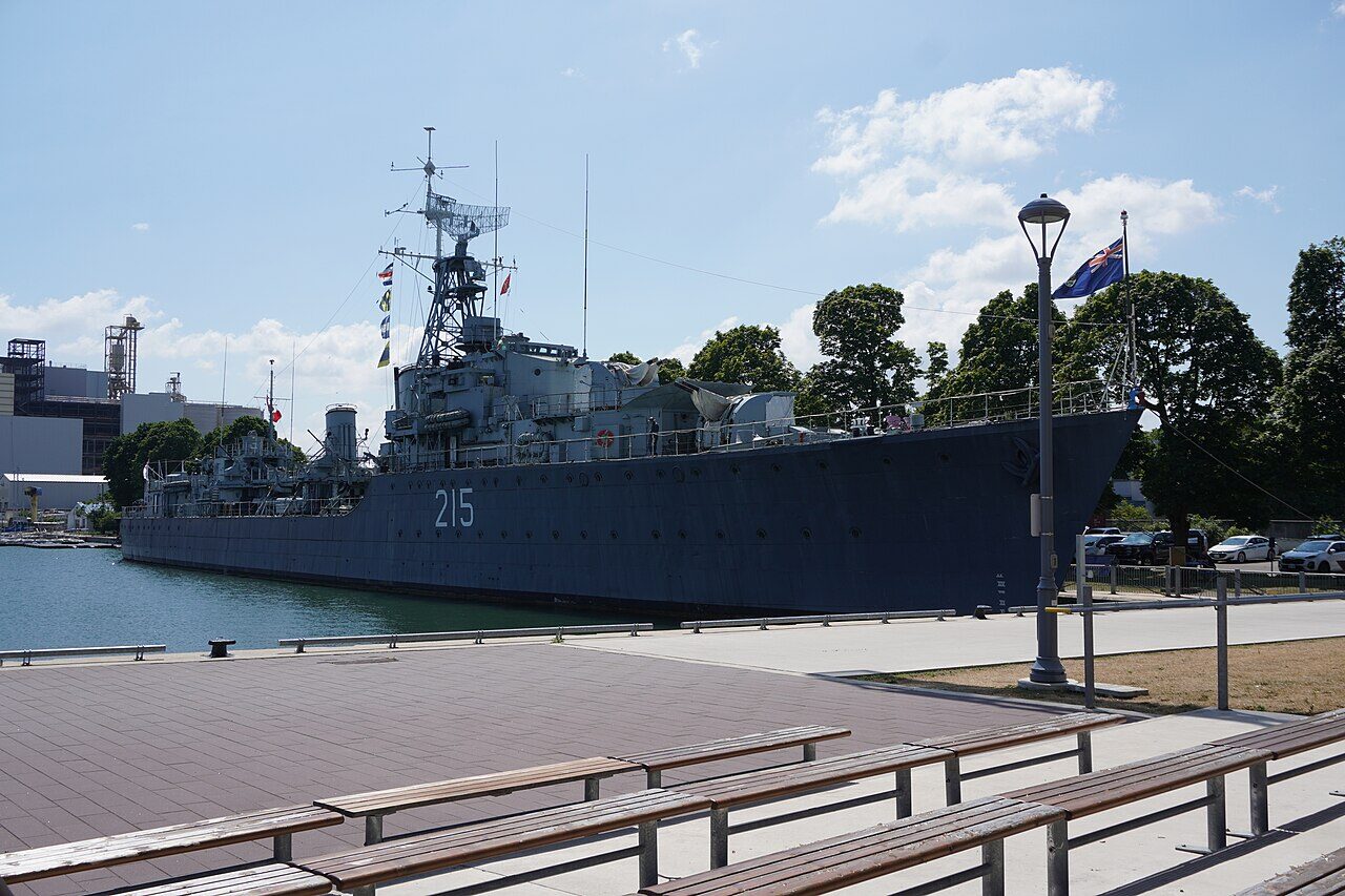 HMCS Haida, a grey WWII destroyer moored at Pier 9 on the Hamilton waterfront