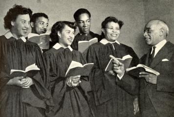 The Stewart Memorial Church choir in 1950, robed and holding hymnals