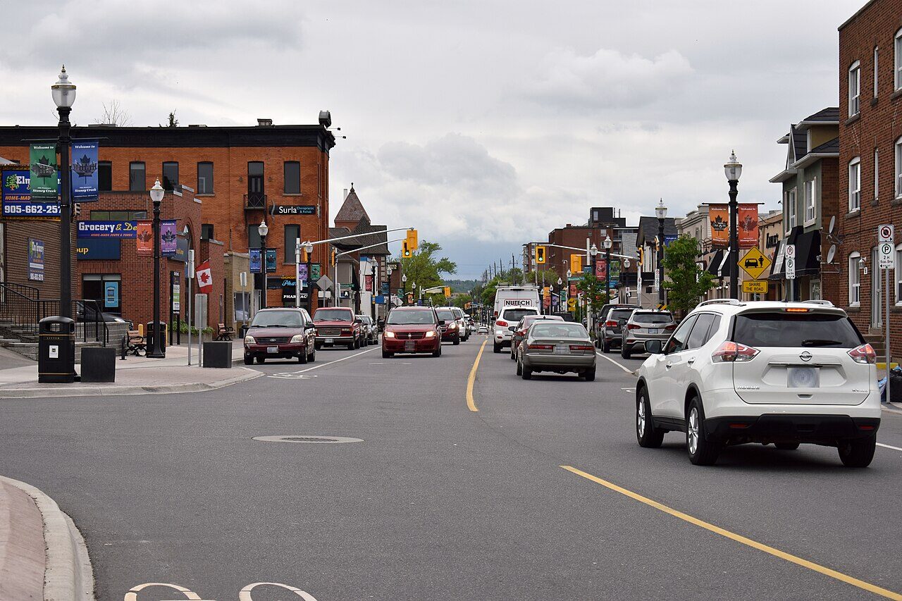 The historic main street of Stoney Creek, Ontario, beneath the escarpment